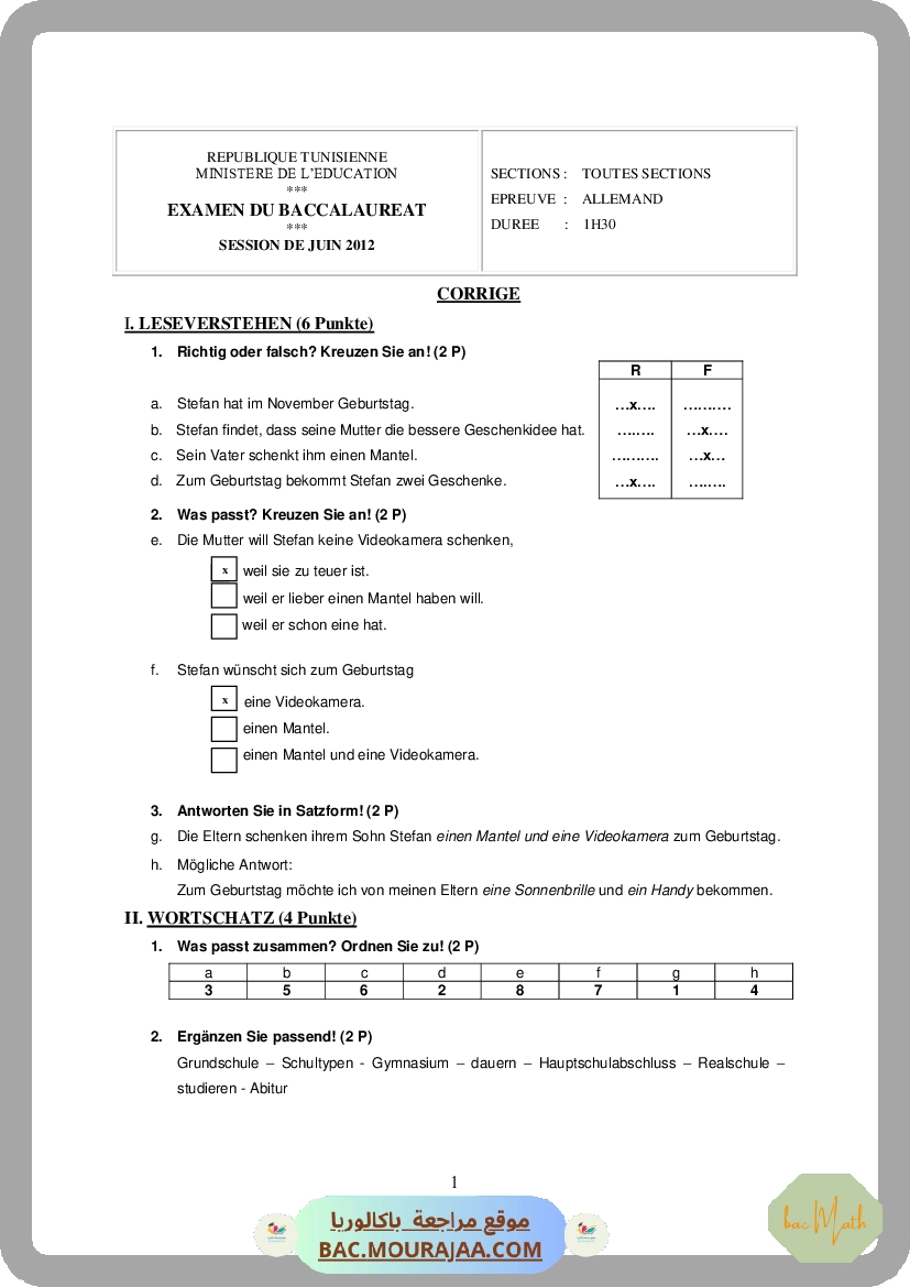 Corrigé principale  Bac 2012 – Section math